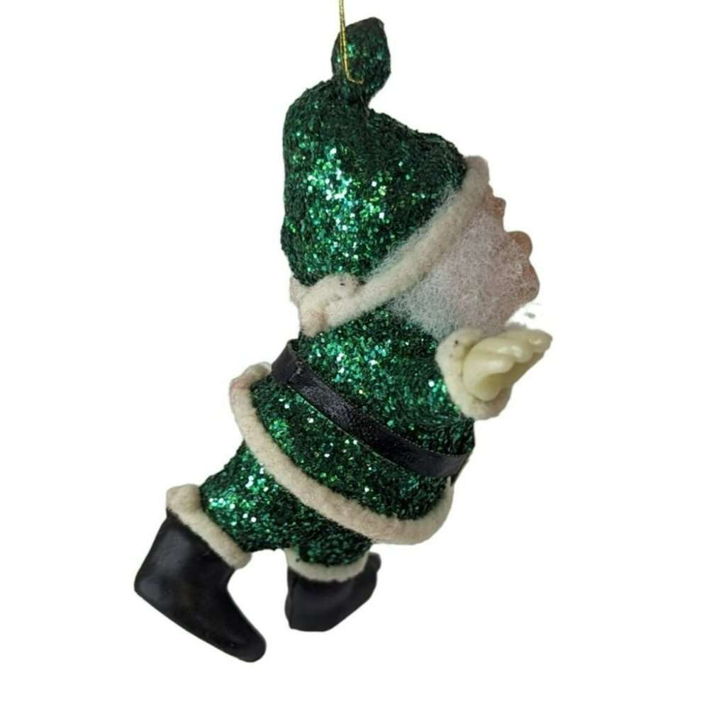 Vintage Green Glitter Flocked Leprechaun Santa Claus and Plaid Heart Ornaments - Picture 4 of 8